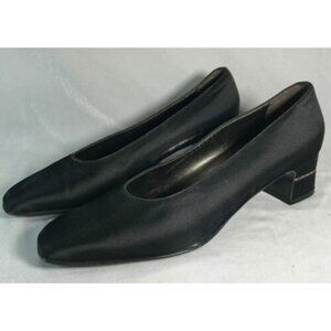 Salvatore Ferragamo Size 9.5 B Black Satin 2" Block Heel Pump Crystals on Heel